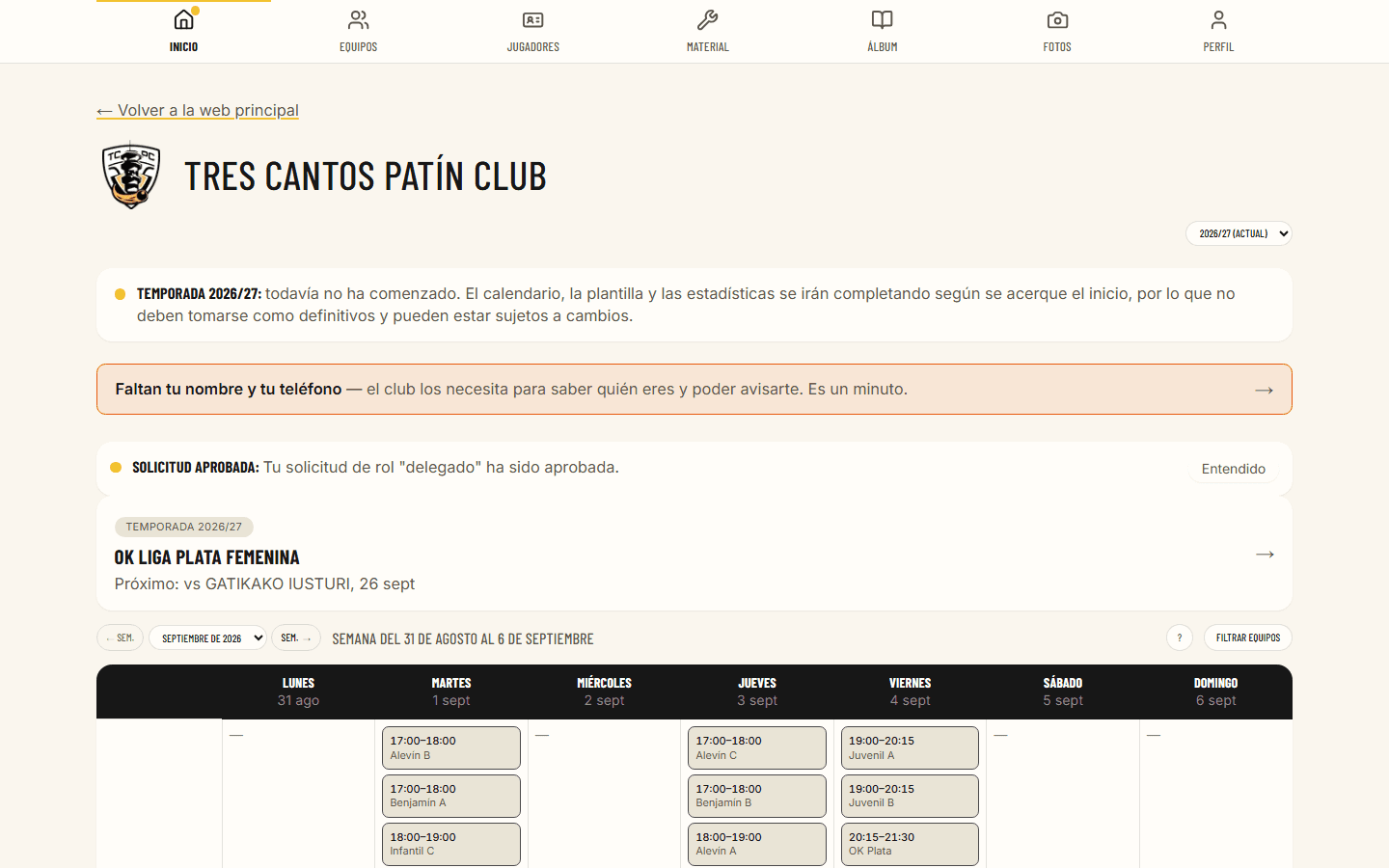 Inicio: calendario semanal del club