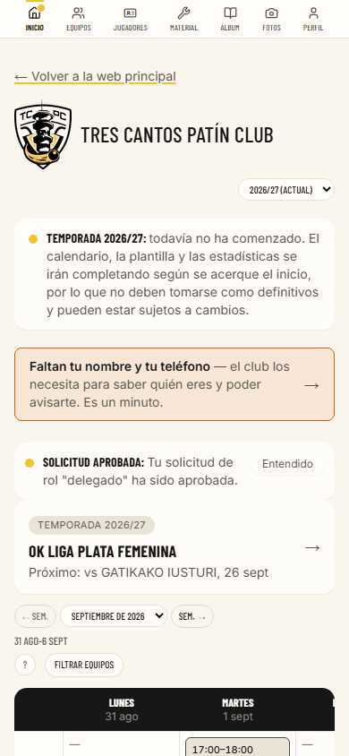 Inicio: calendario semanal del club